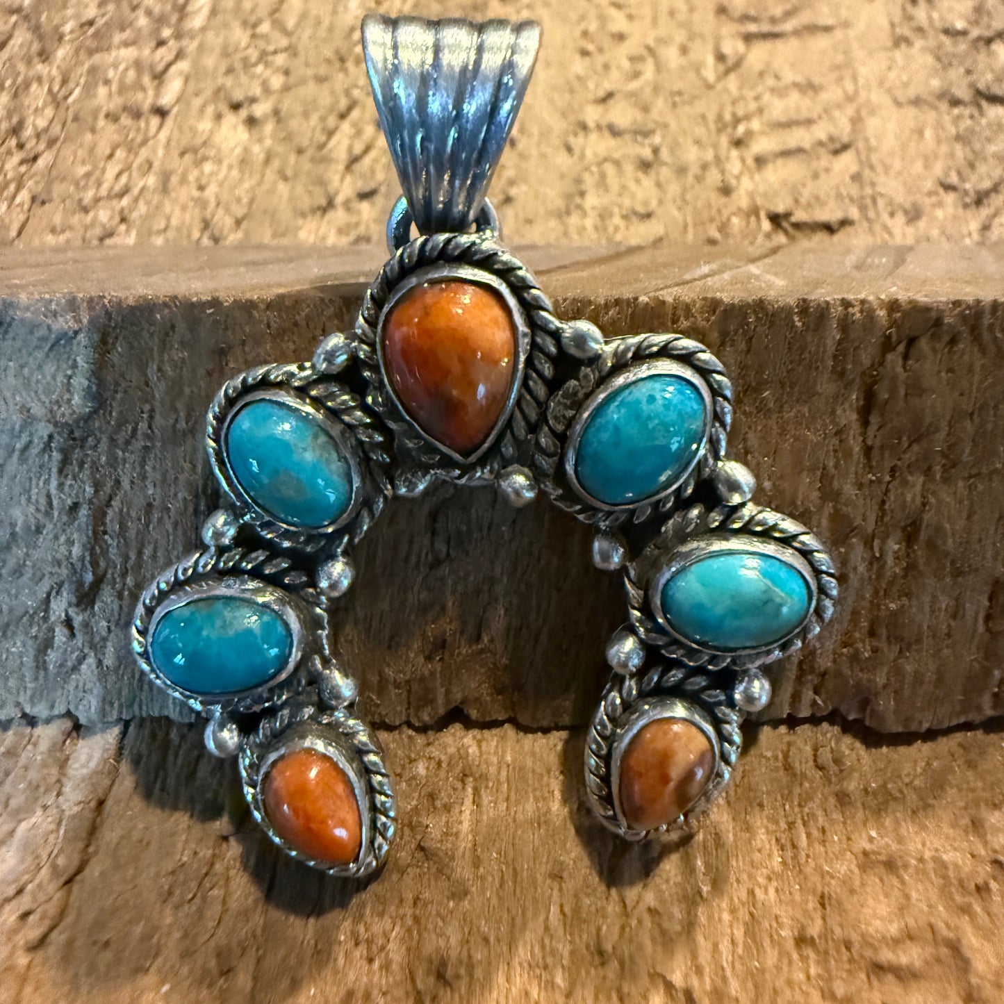 Spiny Oyster Coral And Kingman Turquoise Squash Pendant In Sterling Silver