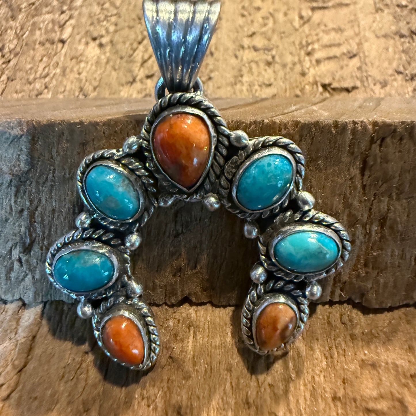 Spiny Oyster Coral And Kingman Turquoise Squash Pendant In Sterling Silver