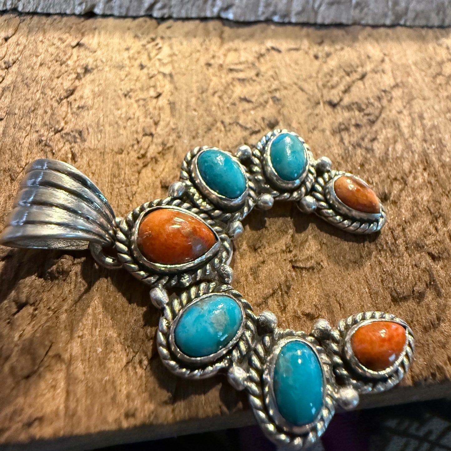 Spiny Oyster Coral And Kingman Turquoise Squash Pendant In Sterling Silver