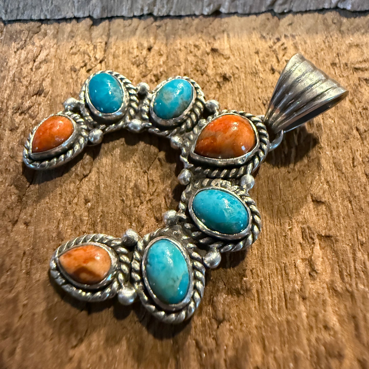 Spiny Oyster Coral And Kingman Turquoise Squash Pendant In Sterling Silver