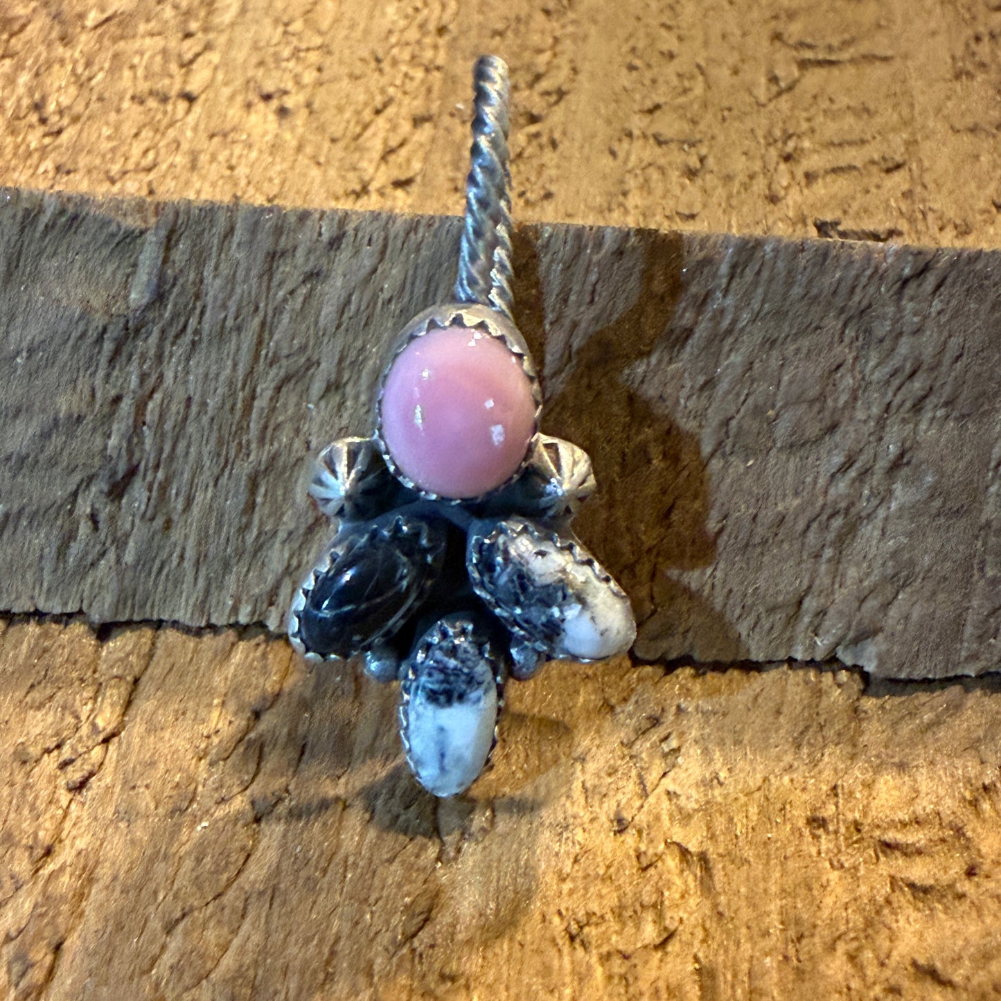 White Buffalo And Pink Conch Gemstone Hat Purse Slider Pin Charm Sterling Silver