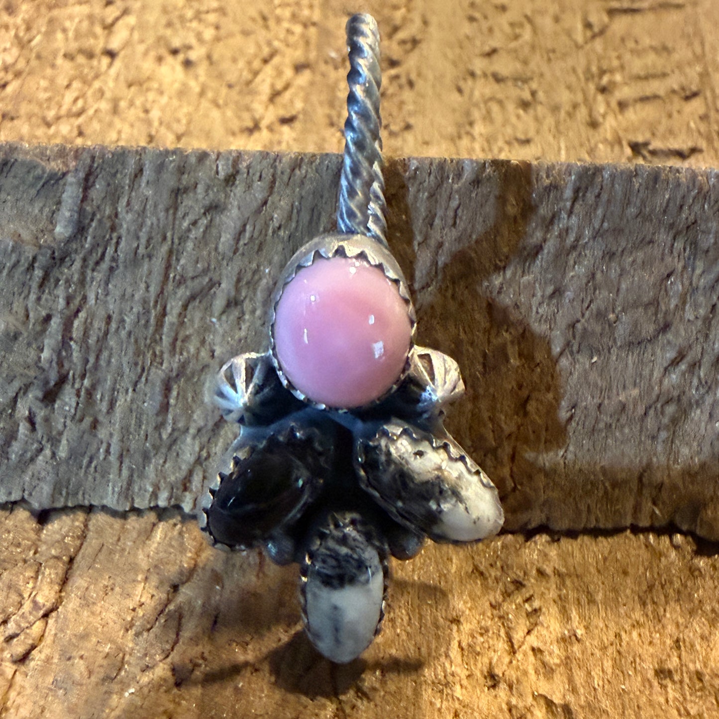 White Buffalo And Pink Conch Gemstone Hat Purse Slider Pin Charm Sterling Silver