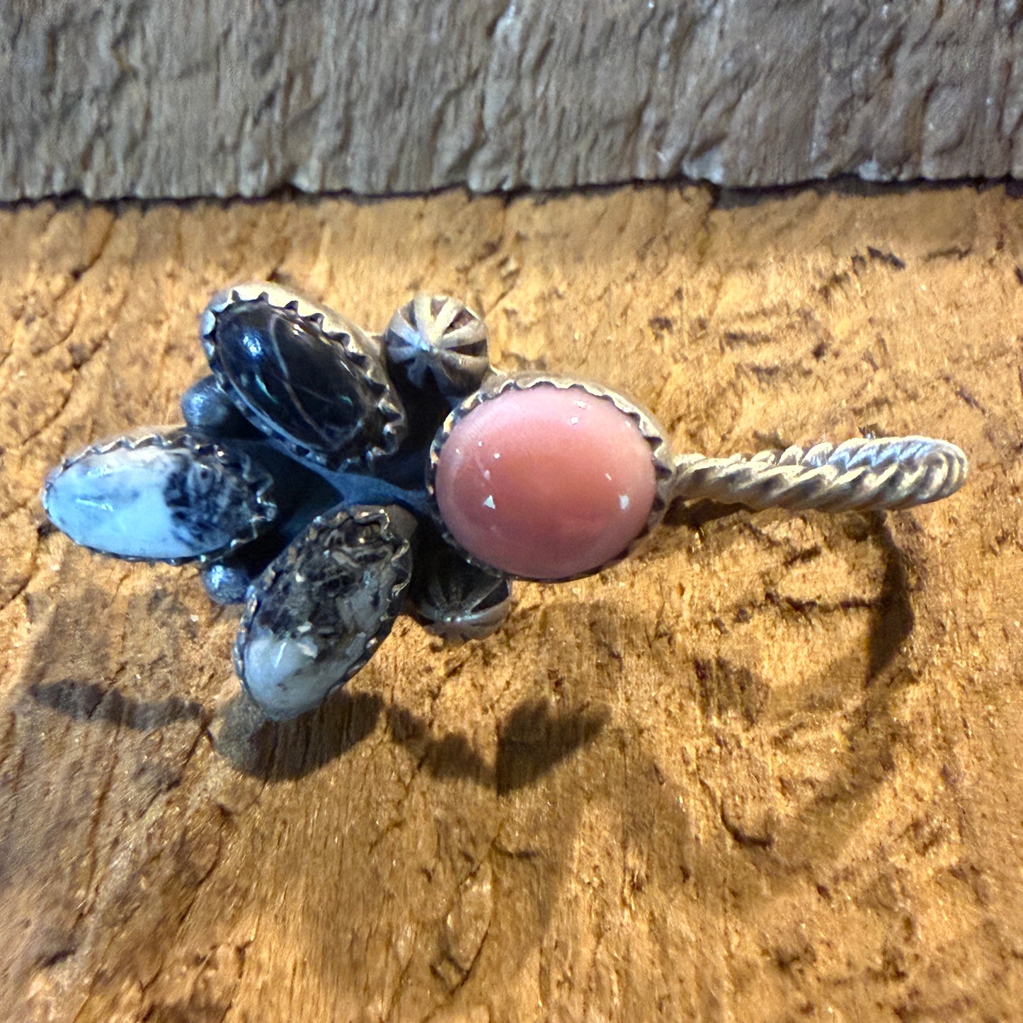 White Buffalo And Pink Conch Gemstone Hat Purse Slider Pin Charm Sterling Silver