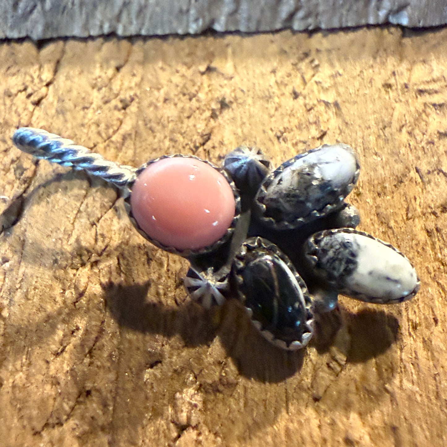 White Buffalo And Pink Conch Gemstone Hat Purse Slider Pin Charm Sterling Silver