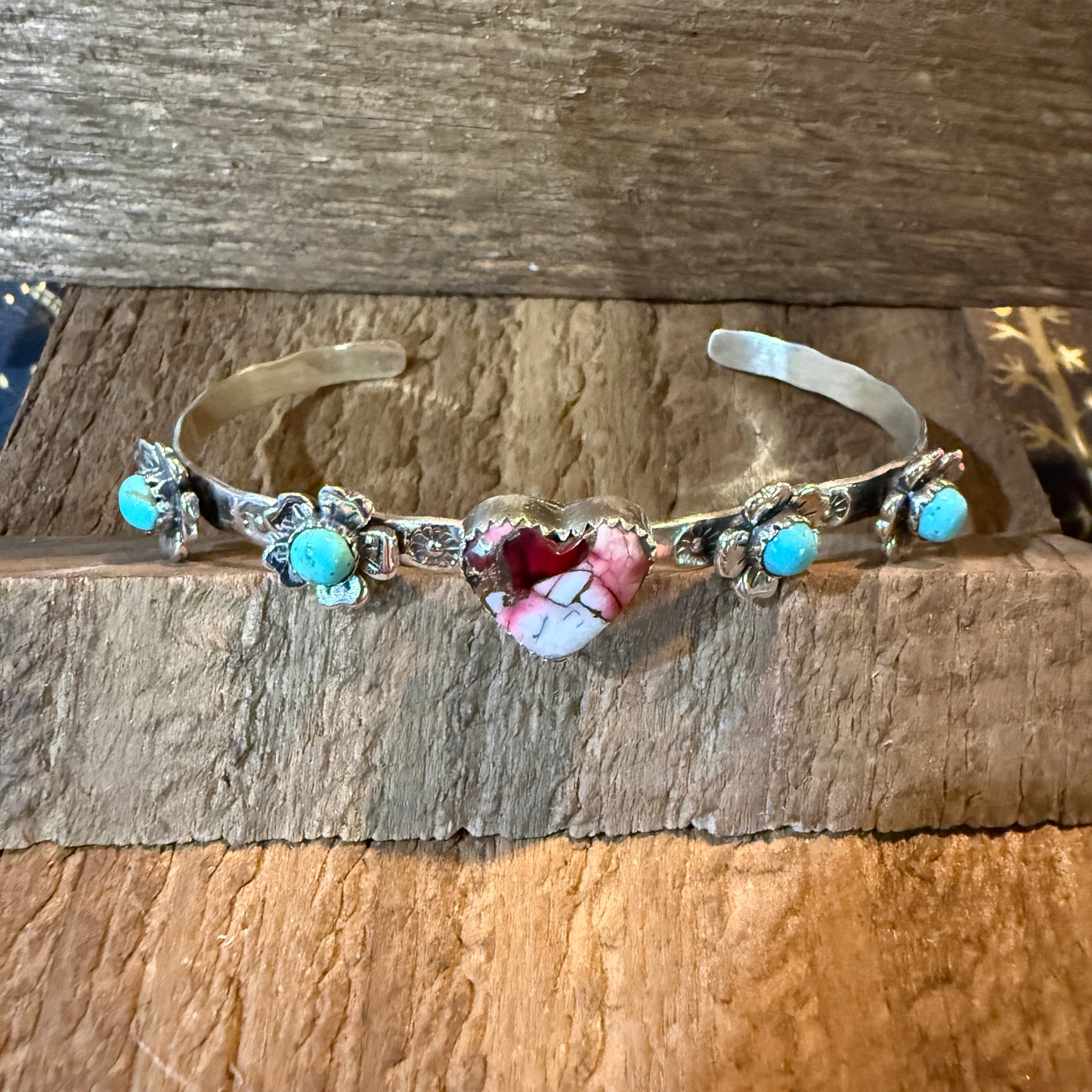 Red Rose Dahlia And Kingman Turquoise Flex Stacker Bracelet Sterling Silver