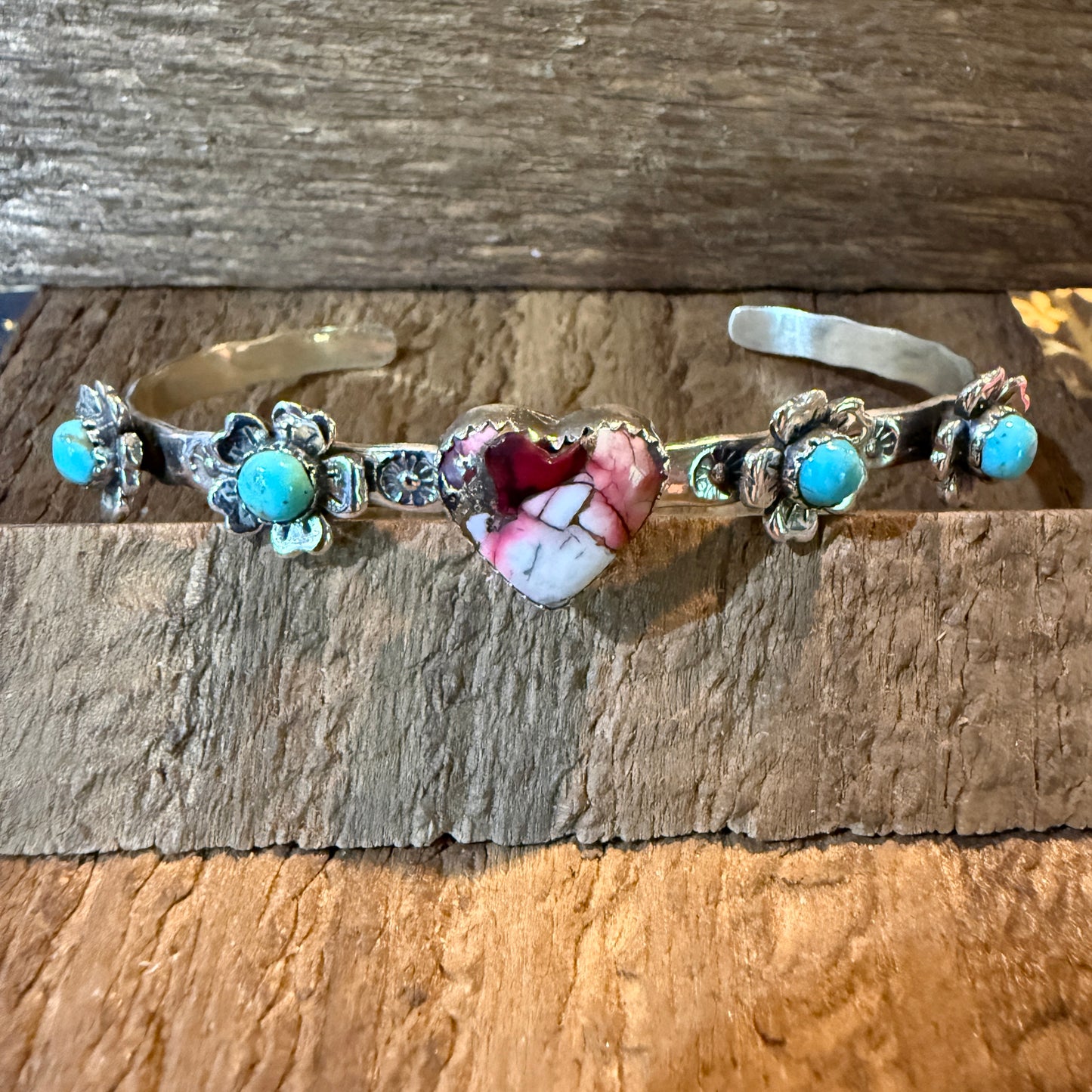 Red Rose Dahlia And Kingman Turquoise Flex Stacker Bracelet Sterling Silver
