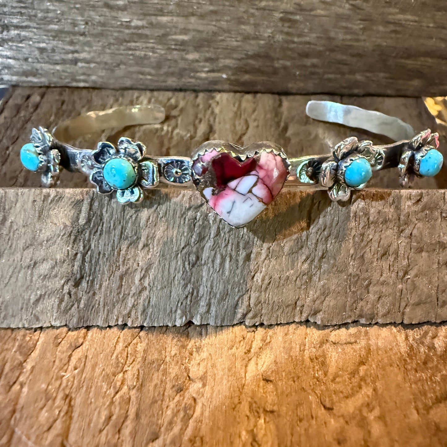 Red Rose Dahlia And Kingman Turquoise Flex Stacker Bracelet Sterling Silver