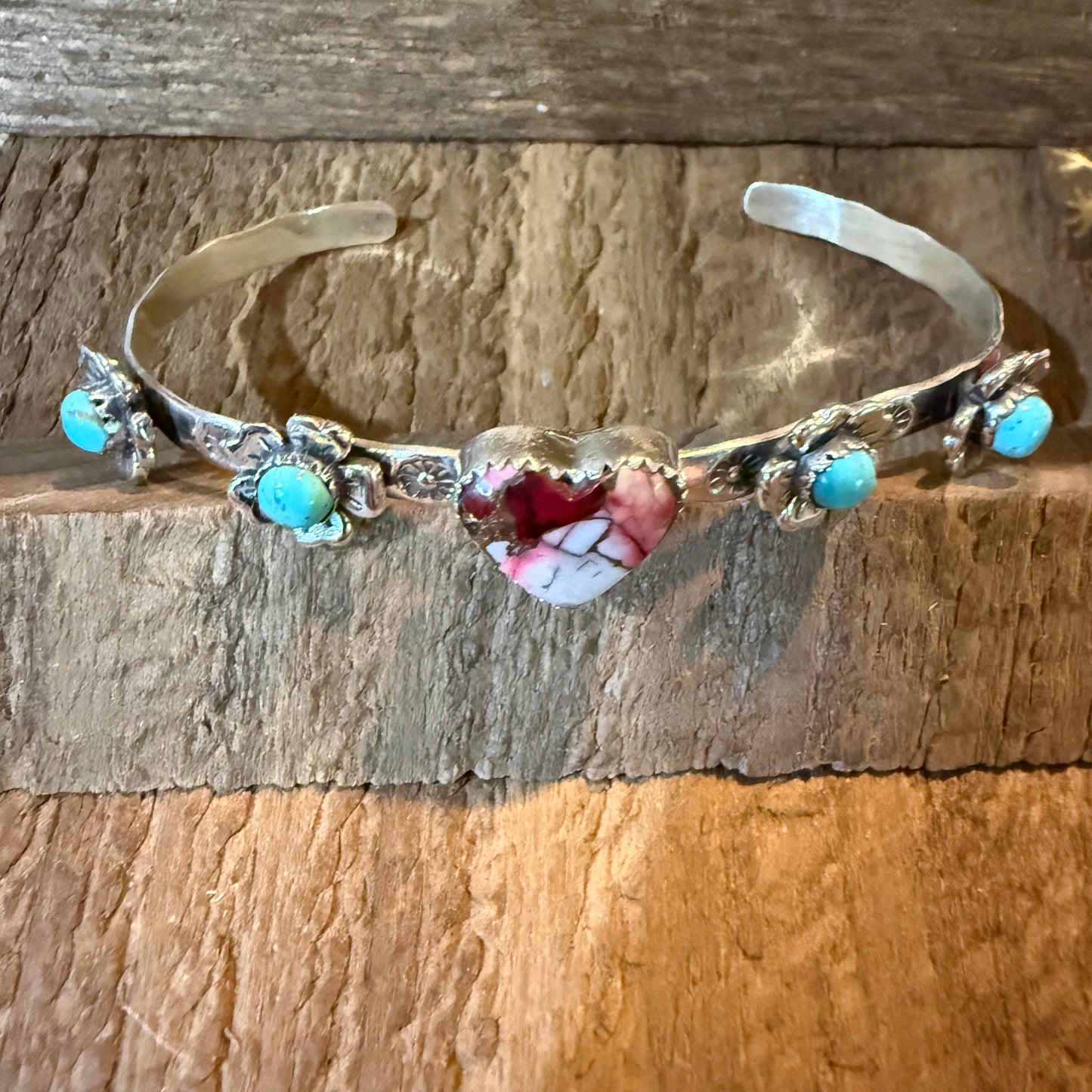 Red Rose Dahlia And Kingman Turquoise Flex Stacker Bracelet Sterling Silver