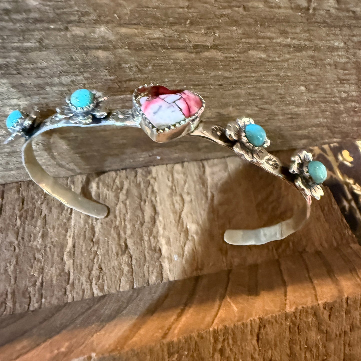 Red Rose Dahlia And Kingman Turquoise Flex Stacker Bracelet Sterling Silver