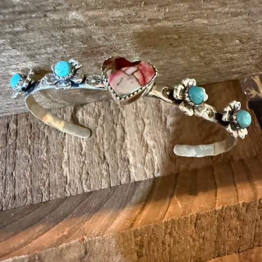 Red Rose Dahlia And Kingman Turquoise Flex Stacker Bracelet Sterling Silver