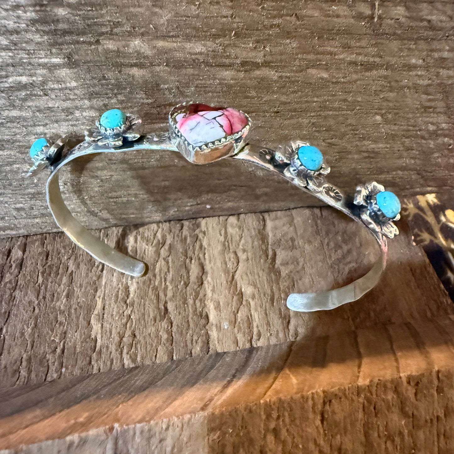 Red Rose Dahlia And Kingman Turquoise Flex Stacker Bracelet Sterling Silver