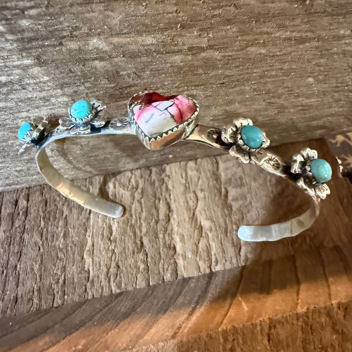 Red Rose Dahlia And Kingman Turquoise Flex Stacker Bracelet Sterling Silver