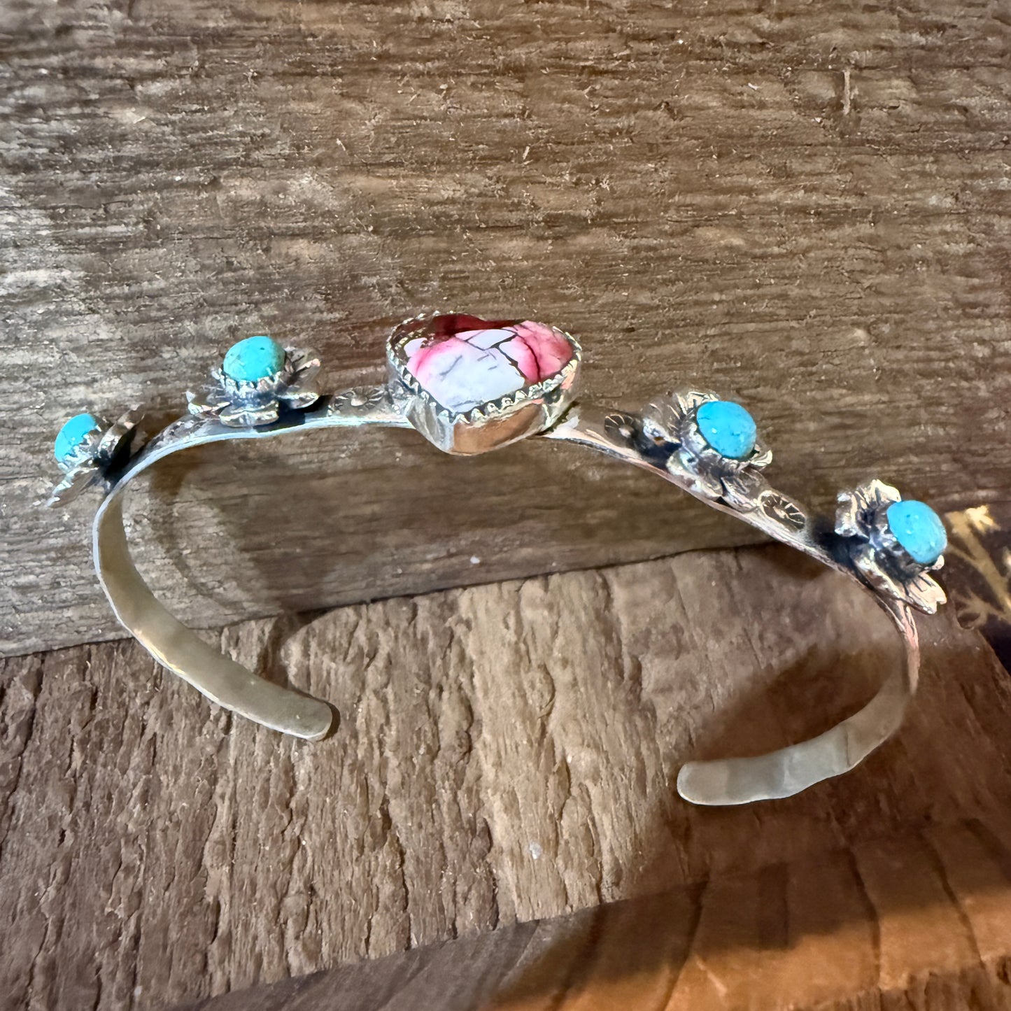 Red Rose Dahlia And Kingman Turquoise Flex Stacker Bracelet Sterling Silver