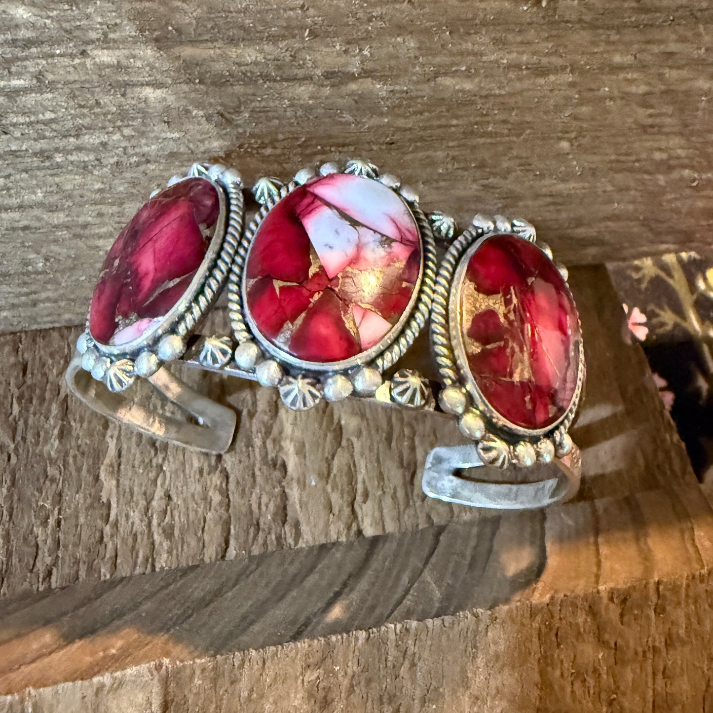 Red Rose Dahlia Gemstone Flex Cuff Bangle Bracelet Sterling One Quarter Wide