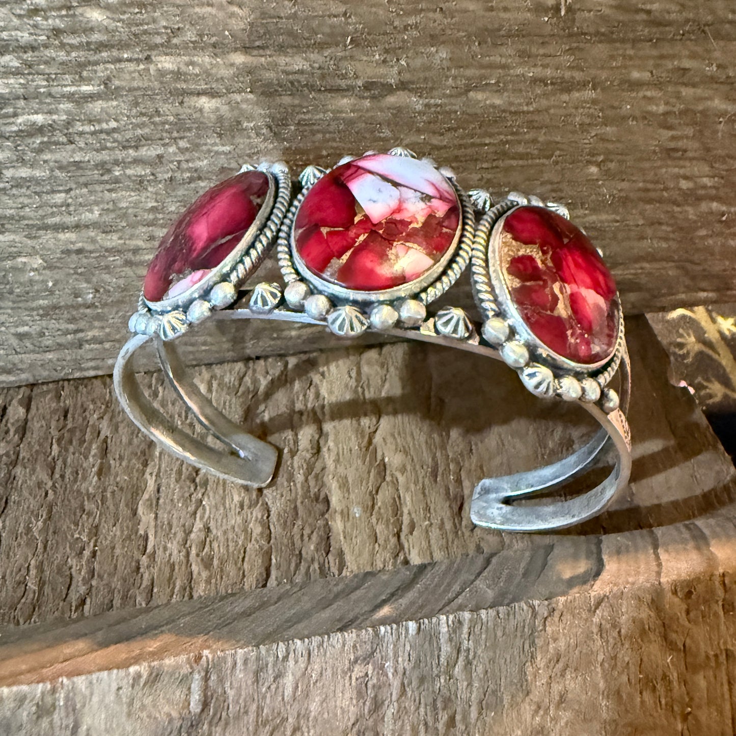 Red Rose Dahlia Gemstone Flex Cuff Bangle Bracelet Sterling One Quarter Wide