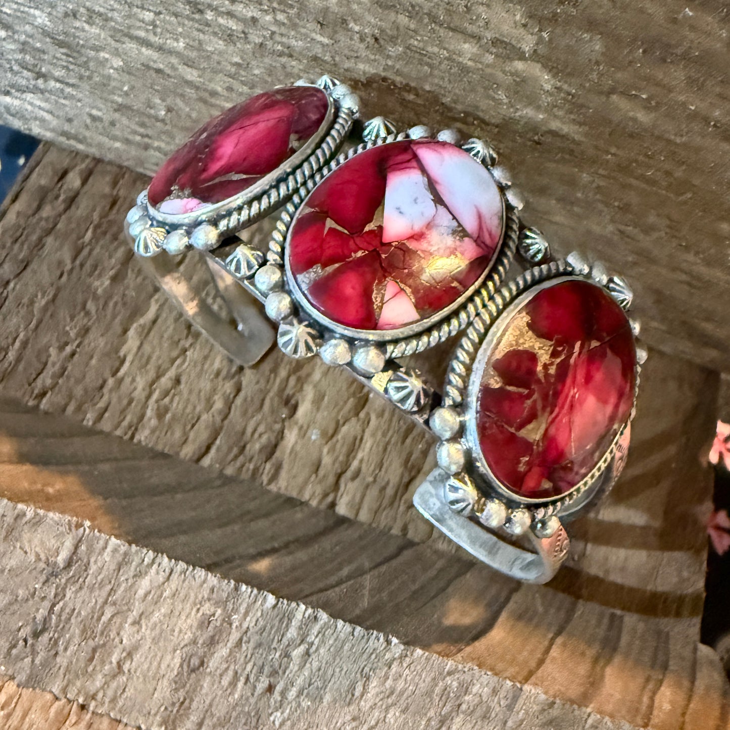 Red Rose Dahlia Gemstone Flex Cuff Bangle Bracelet Sterling One Quarter Wide