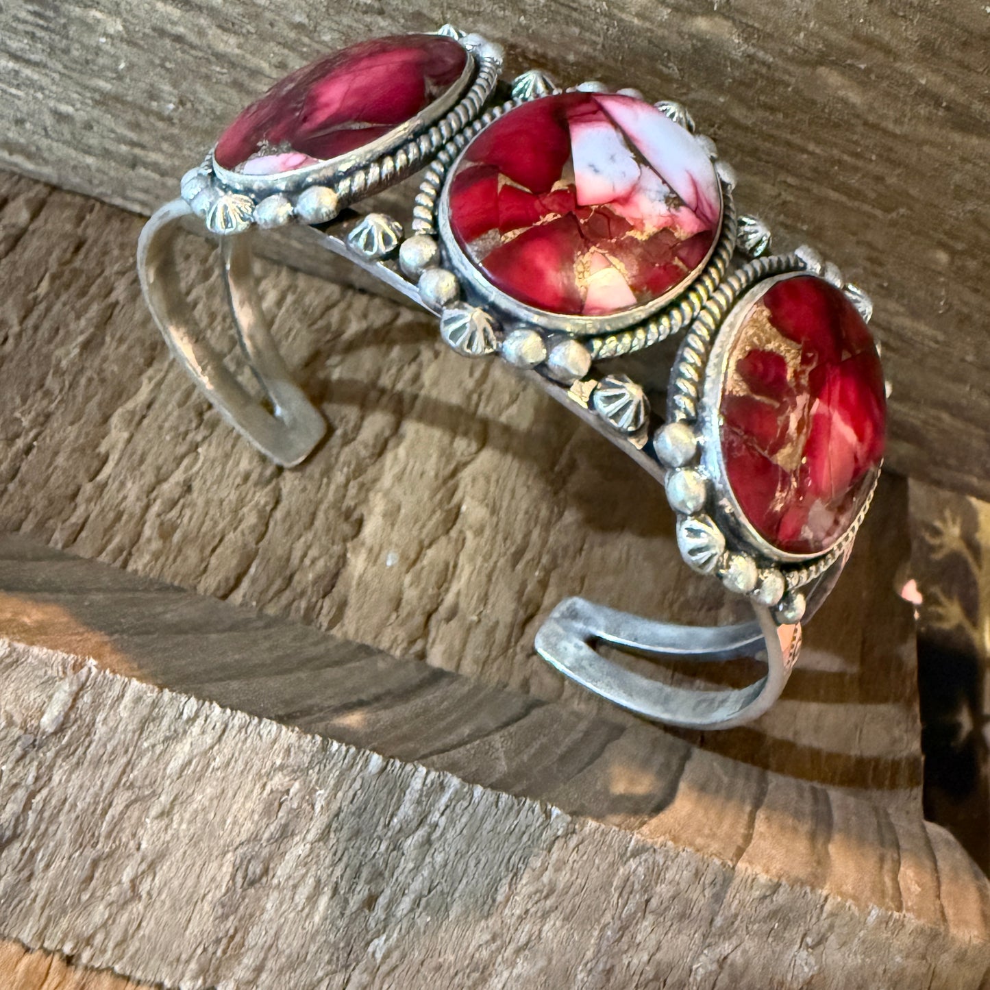 Red Rose Dahlia Gemstone Flex Cuff Bangle Bracelet Sterling One Quarter Wide