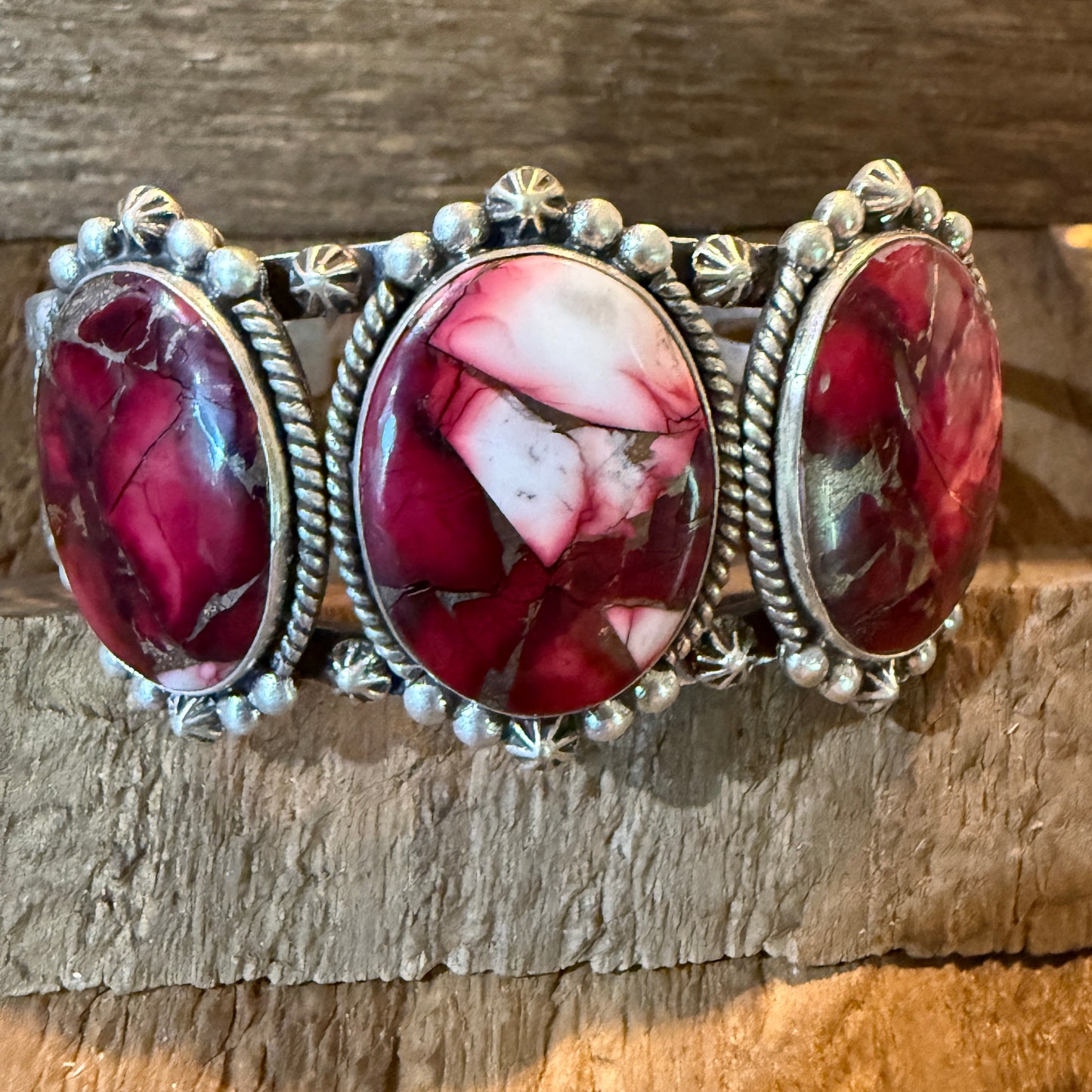 Red Rose Dahlia Gemstone Flex Cuff Bangle Bracelet Sterling One Quarter Wide
