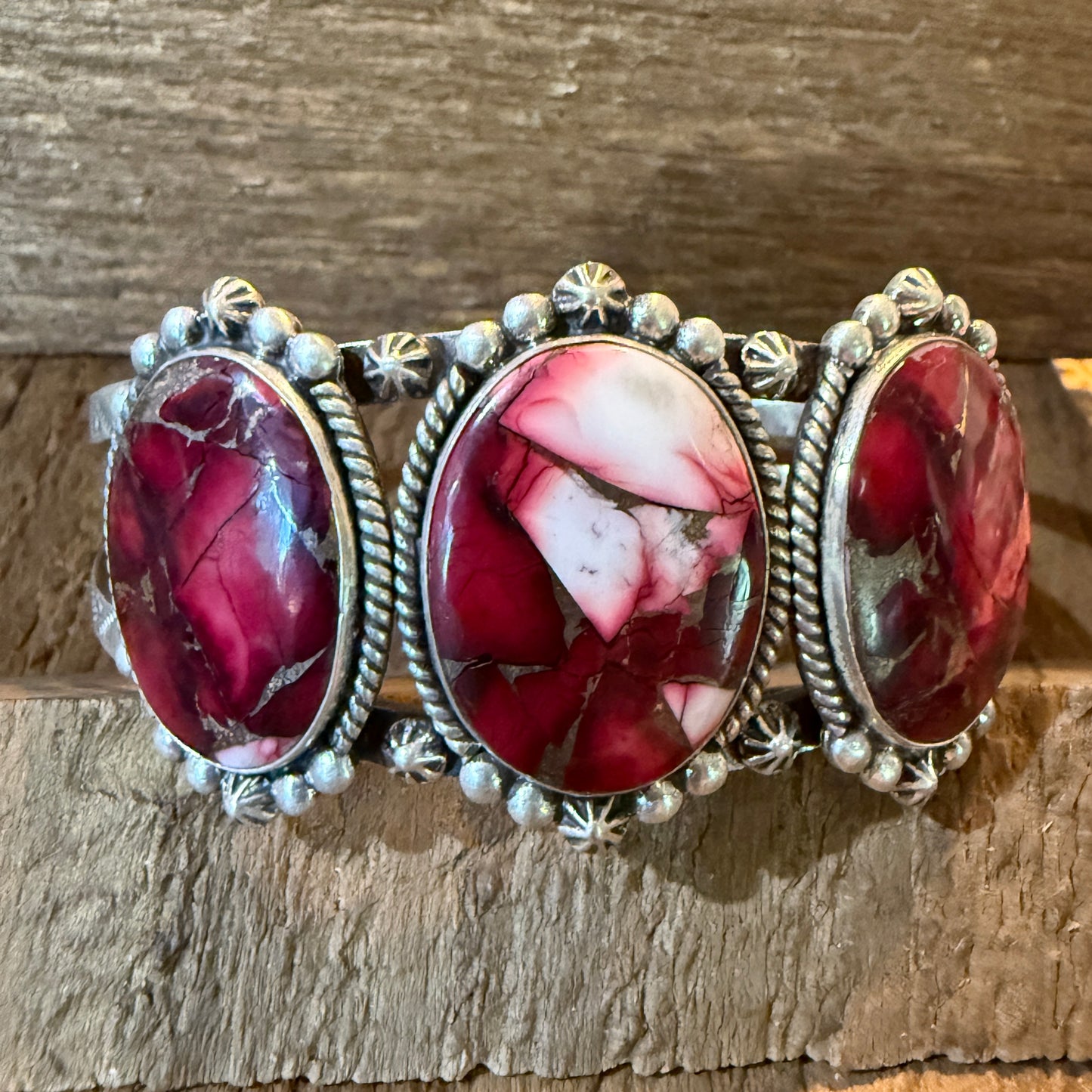 Red Rose Dahlia Gemstone Flex Cuff Bangle Bracelet Sterling One Quarter Wide
