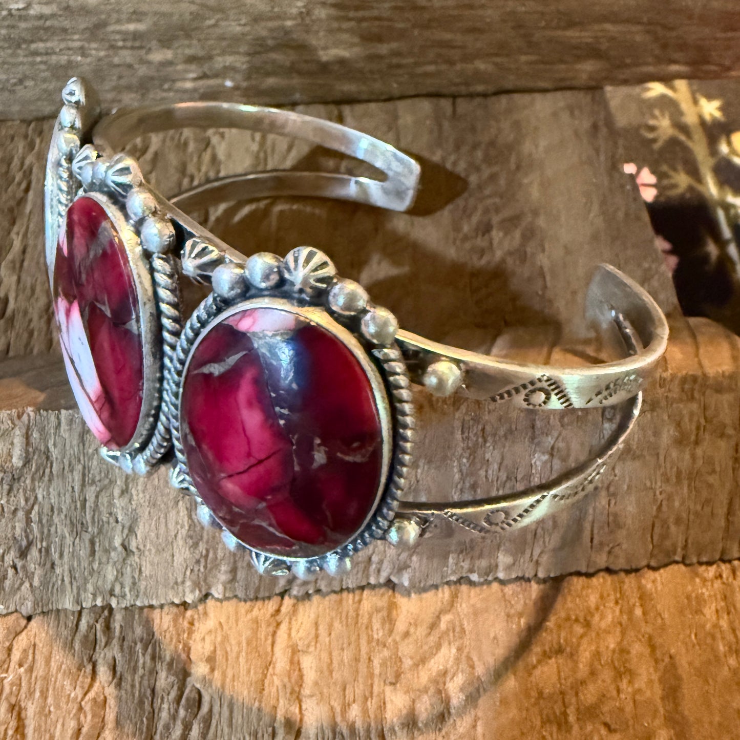 Red Rose Dahlia Gemstone Flex Cuff Bangle Bracelet Sterling One Quarter Wide