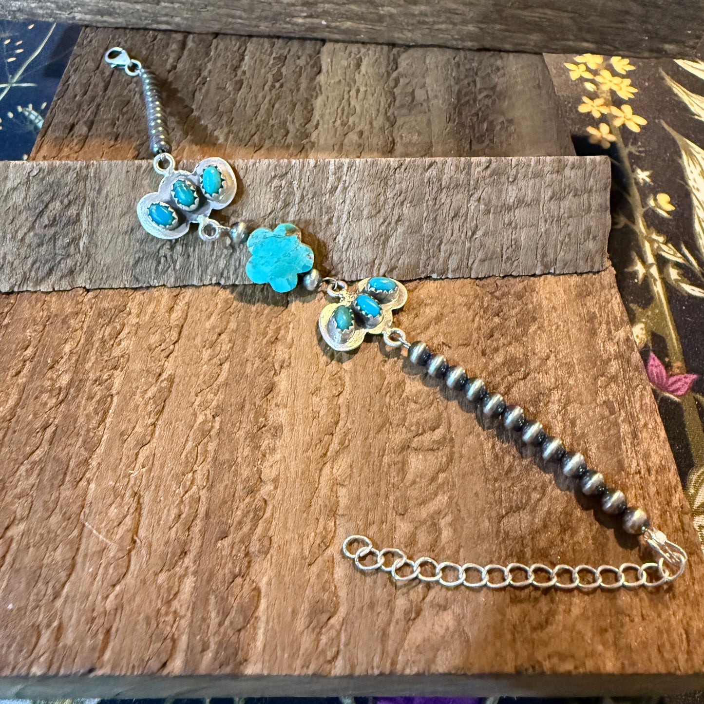 Kingman Turquoise Gemstone Bracelet With Sterling Silver Pearl Beads Size 6.5