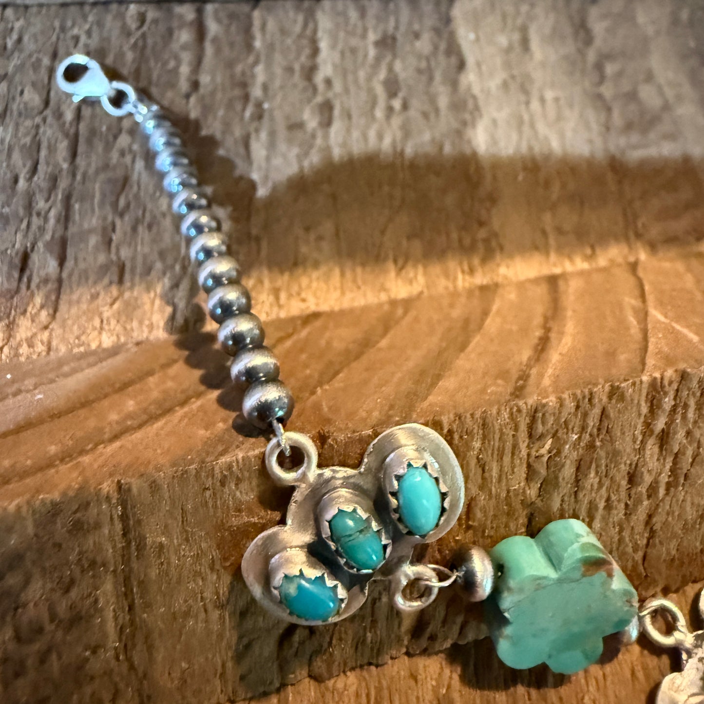 Kingman Turquoise Gemstone Bracelet With Sterling Silver Pearl Beads Size 6.5