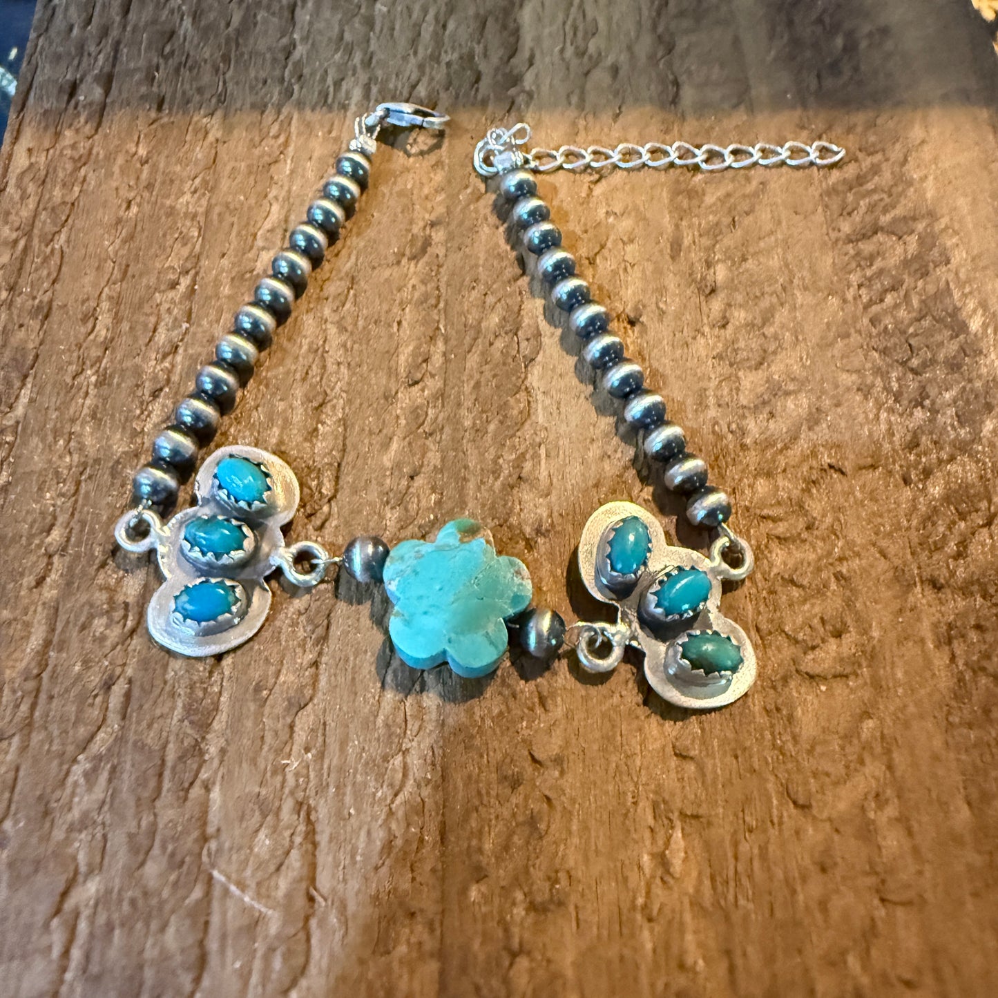 Kingman Turquoise Gemstone Bracelet With Sterling Silver Pearl Beads Size 6.5