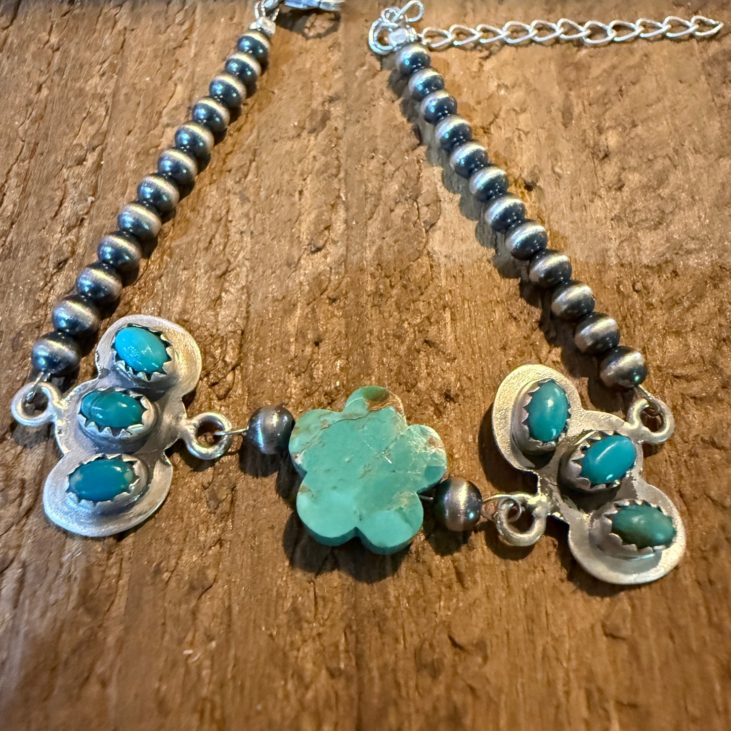 Kingman Turquoise Gemstone Bracelet With Sterling Silver Pearl Beads Size 6.5