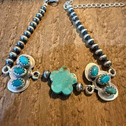 Kingman Turquoise Gemstone Bracelet With Sterling Silver Pearl Beads Size 6.5