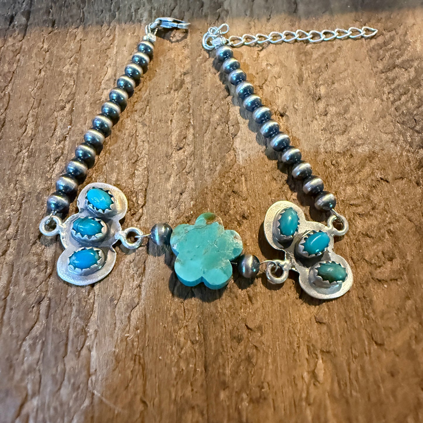 Kingman Turquoise Gemstone Bracelet With Sterling Silver Pearl Beads Size 6.5
