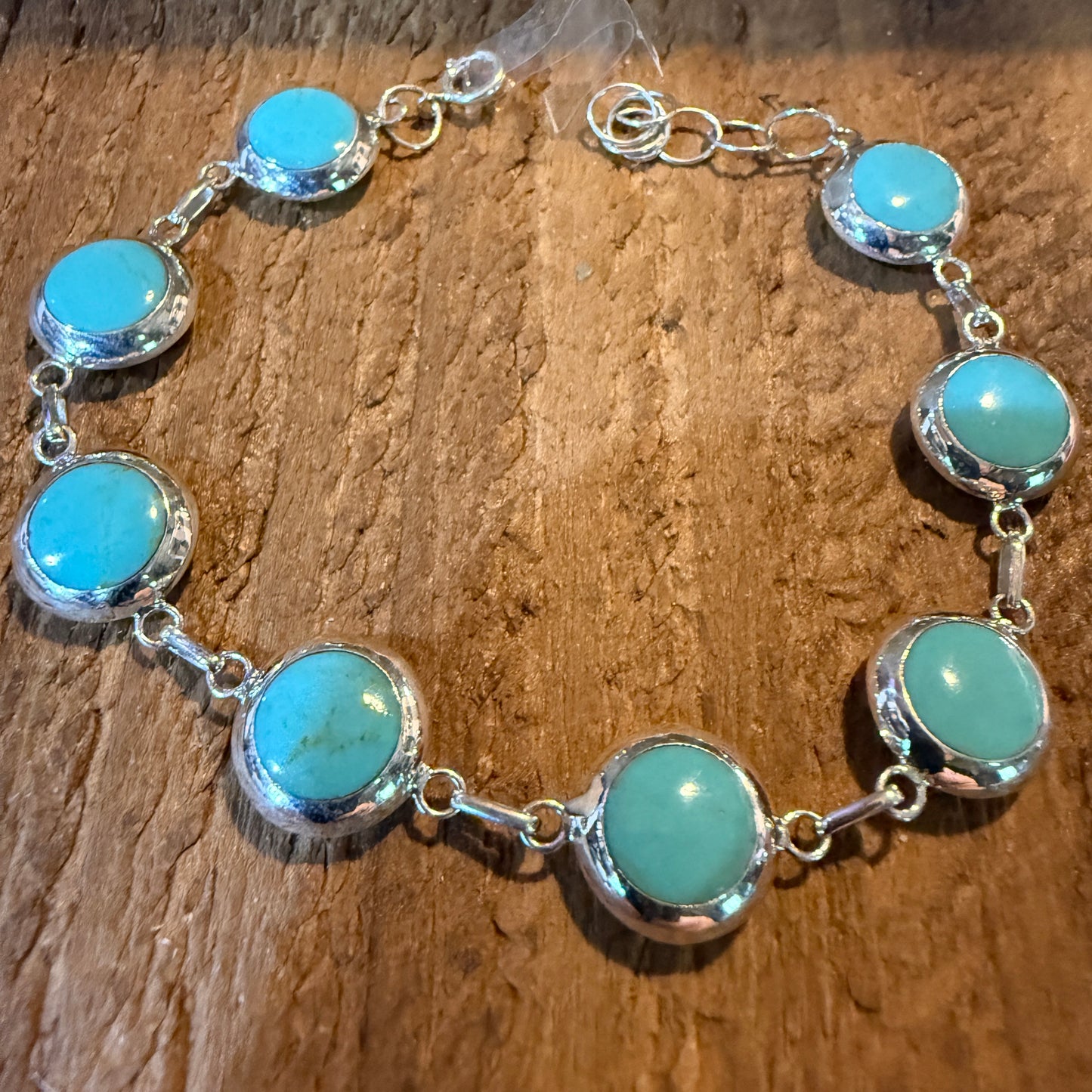 Kingman Turquoise And Mother Of Pearl Button Link Bracelet In Sterling Silver