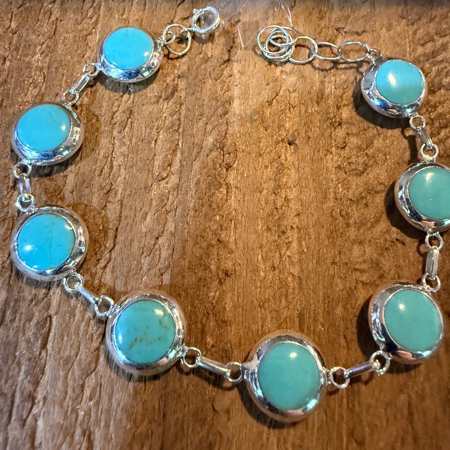 Kingman Turquoise And Mother Of Pearl Button Link Bracelet In Sterling Silver