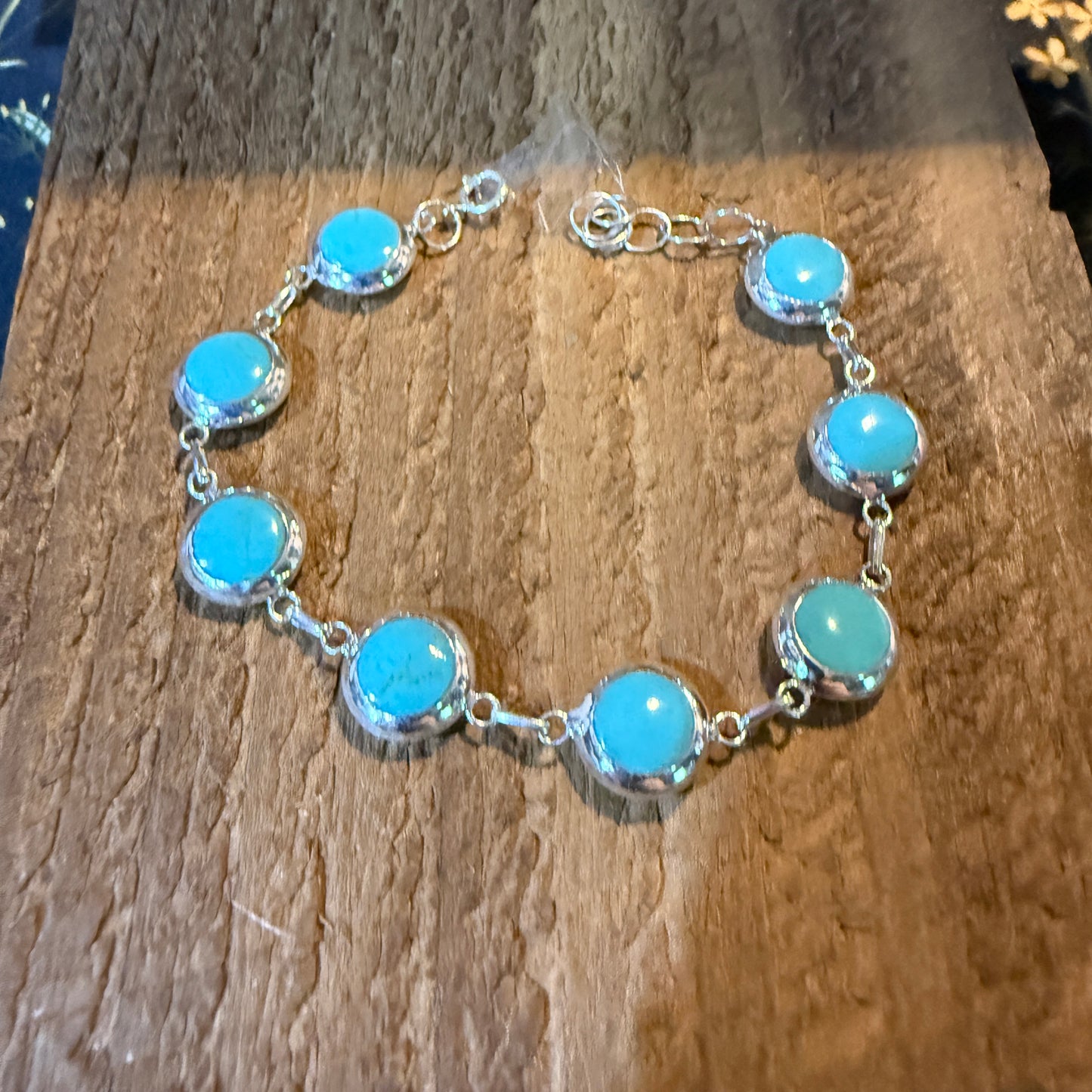 Kingman Turquoise And Mother Of Pearl Button Link Bracelet In Sterling Silver
