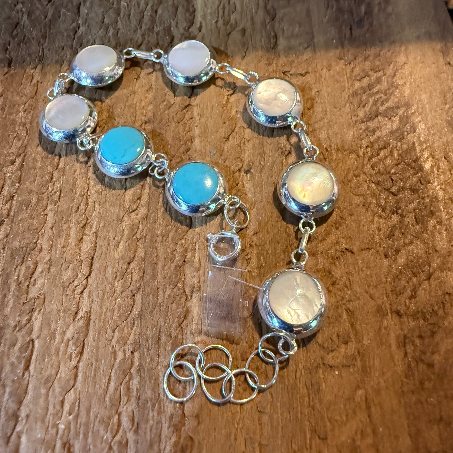 Kingman Turquoise And Mother Of Pearl Button Link Bracelet In Sterling Silver