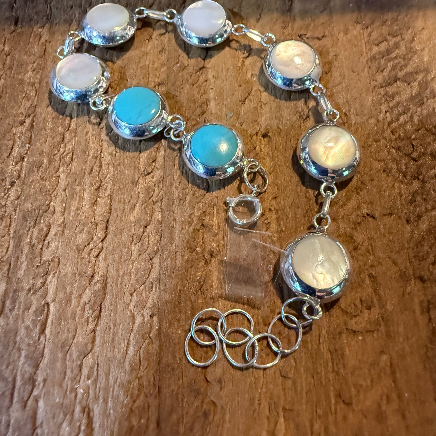 Kingman Turquoise And Mother Of Pearl Button Link Bracelet In Sterling Silver