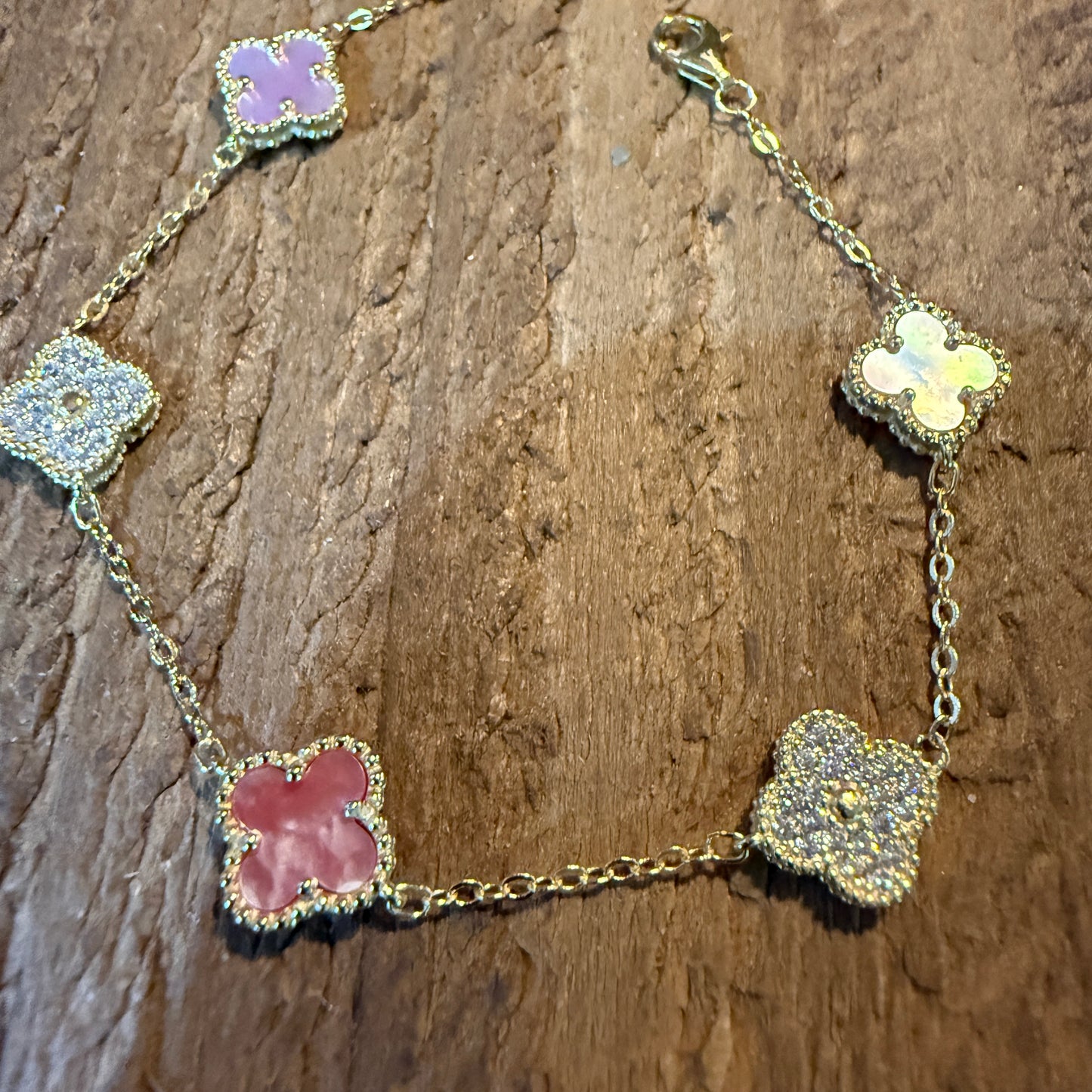 Sparkling CZ Pink Quartz Chain Link Bracelet Gold Plated 6.5 Inches