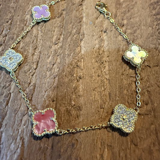 Sparkling CZ Pink Quartz Chain Link Bracelet Gold Plated 6.5 Inches