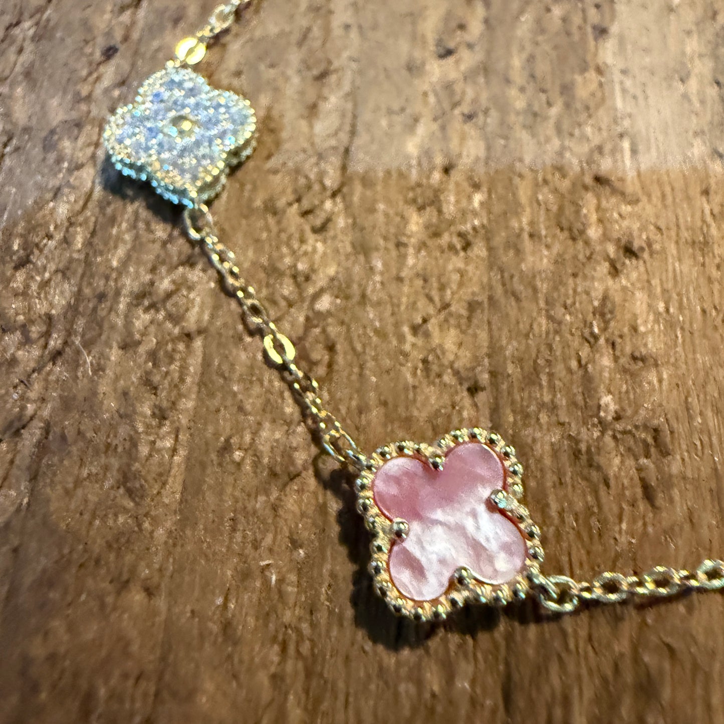 Sparkling CZ Pink Quartz Chain Link Bracelet Gold Plated 6.5 Inches
