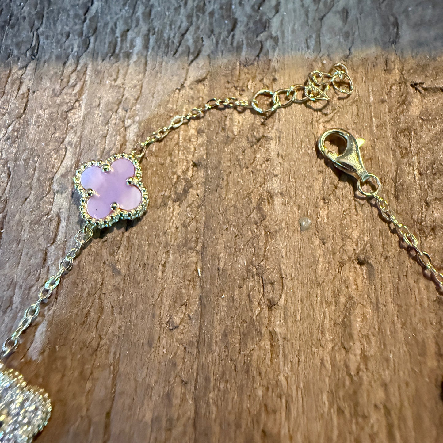 Sparkling CZ Pink Quartz Chain Link Bracelet Gold Plated 6.5 Inches