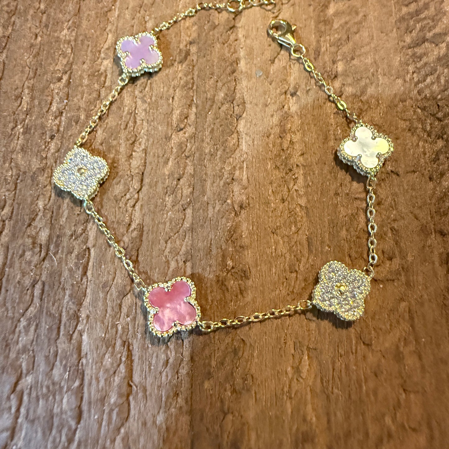 Sparkling CZ Pink Quartz Chain Link Bracelet Gold Plated 6.5 Inches
