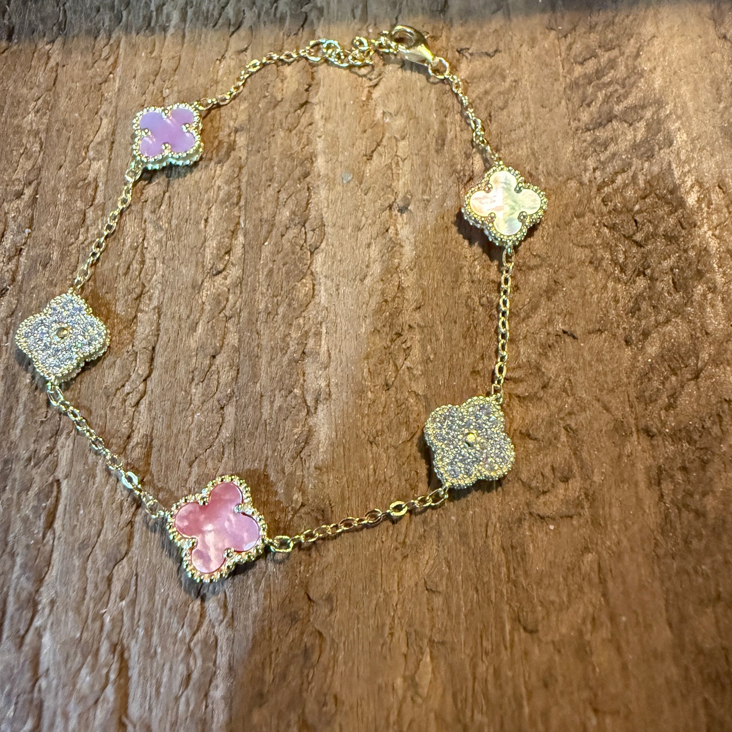 Sparkling CZ Pink Quartz Chain Link Bracelet Gold Plated 6.5 Inches