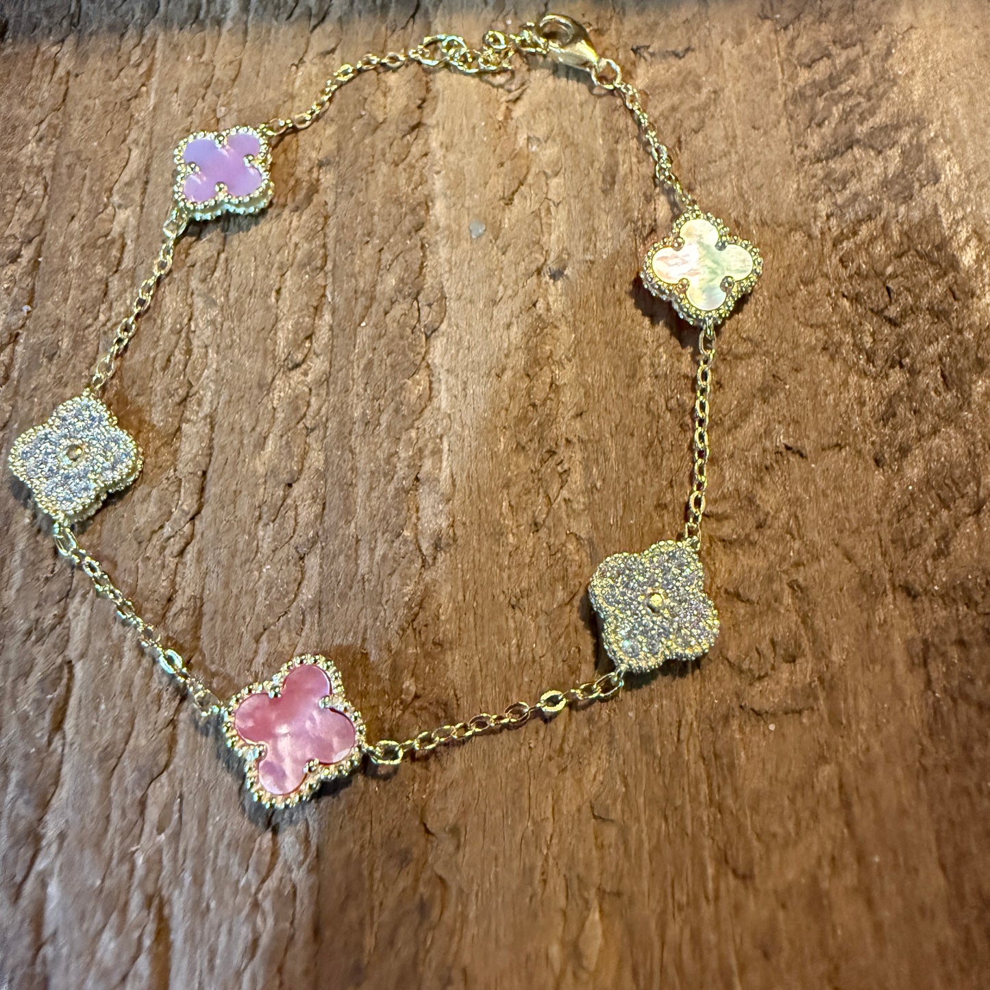 Sparkling CZ Pink Quartz Chain Link Bracelet Gold Plated 6.5 Inches