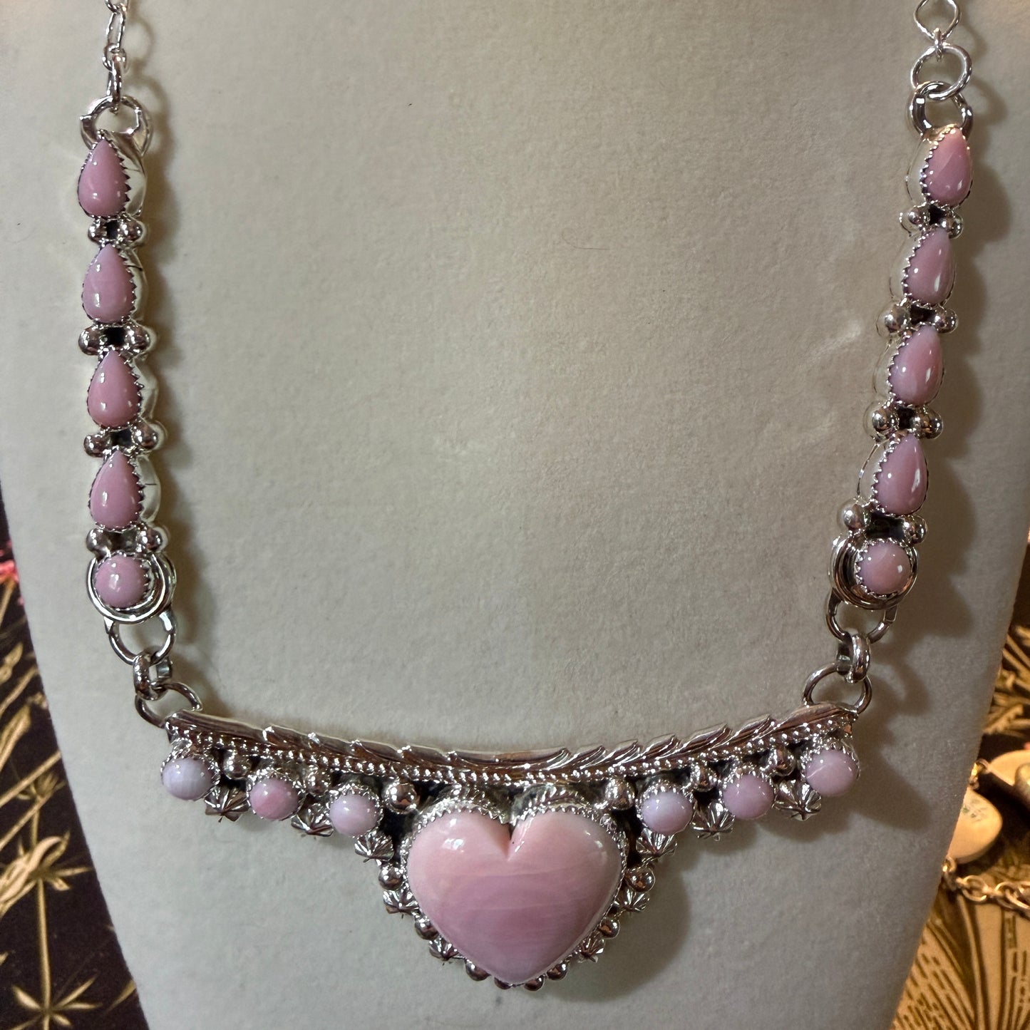 Lawrence Baca Pink Conch Gemstone Bar Necklace 19 Inch Sterling Silver