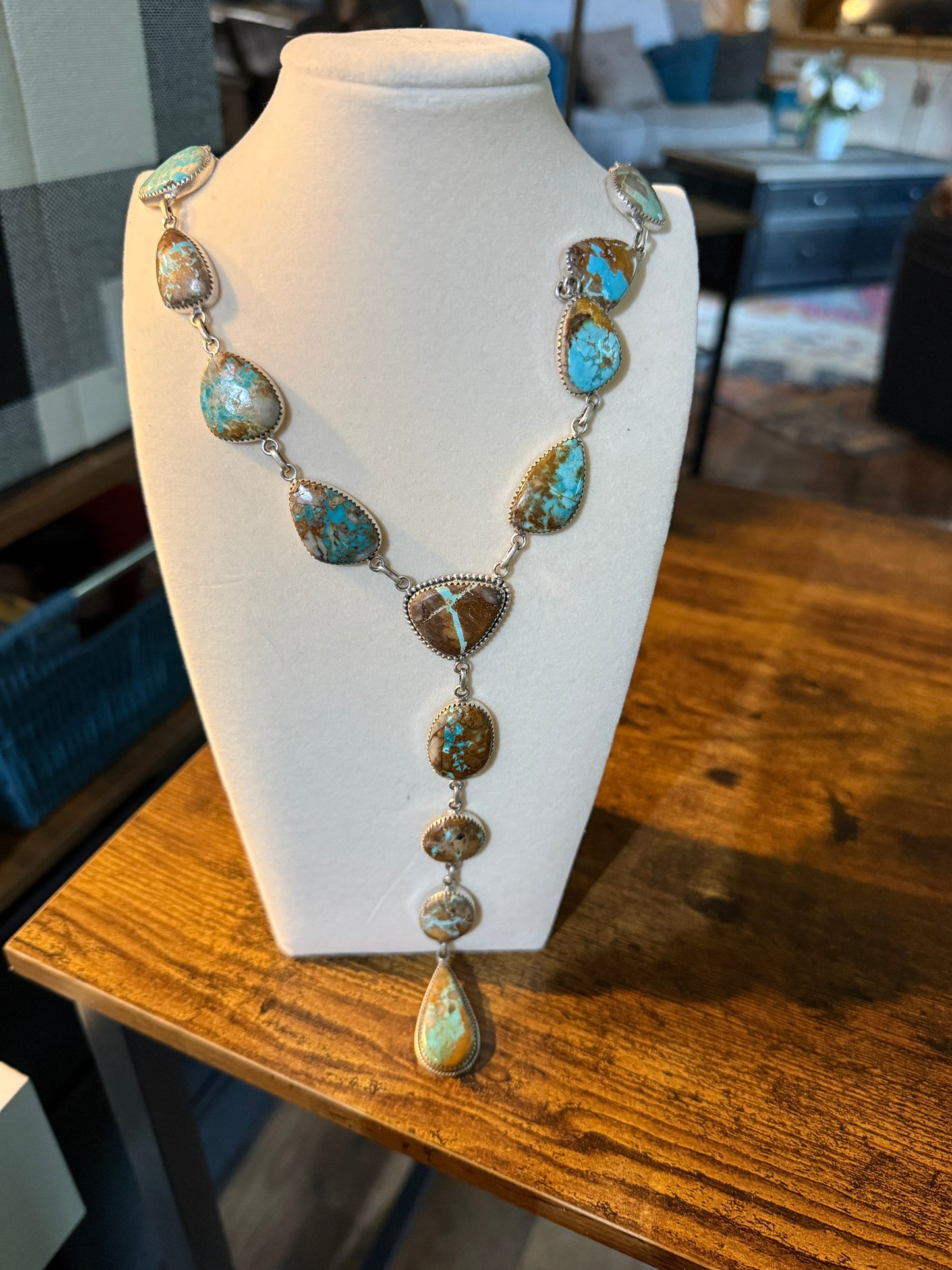 Royston Ribbon Turquoise Gemstone Lariat Necklace 20 Inch Sterling Silver