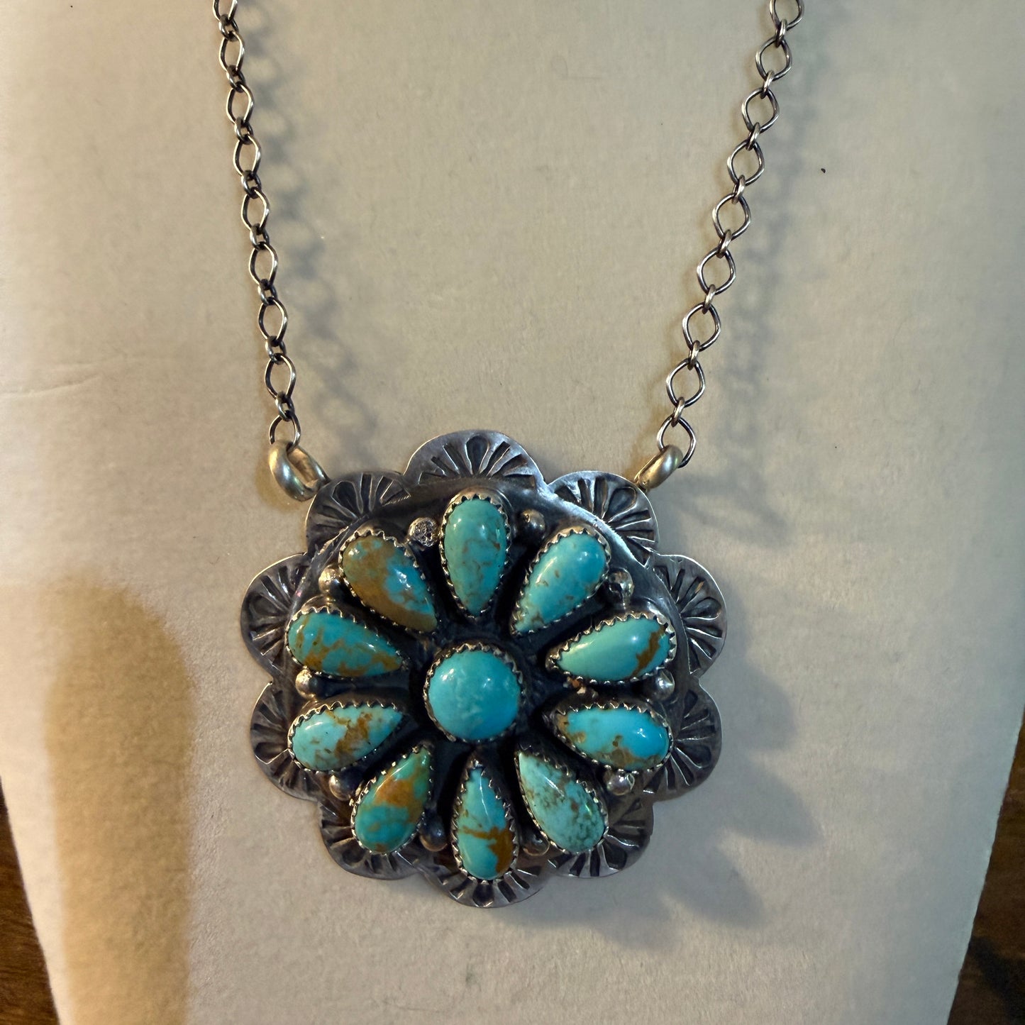 Sonoran Gold Turquoise Flower Cluster Pendant Sterling Silver 20Inch Necklace
