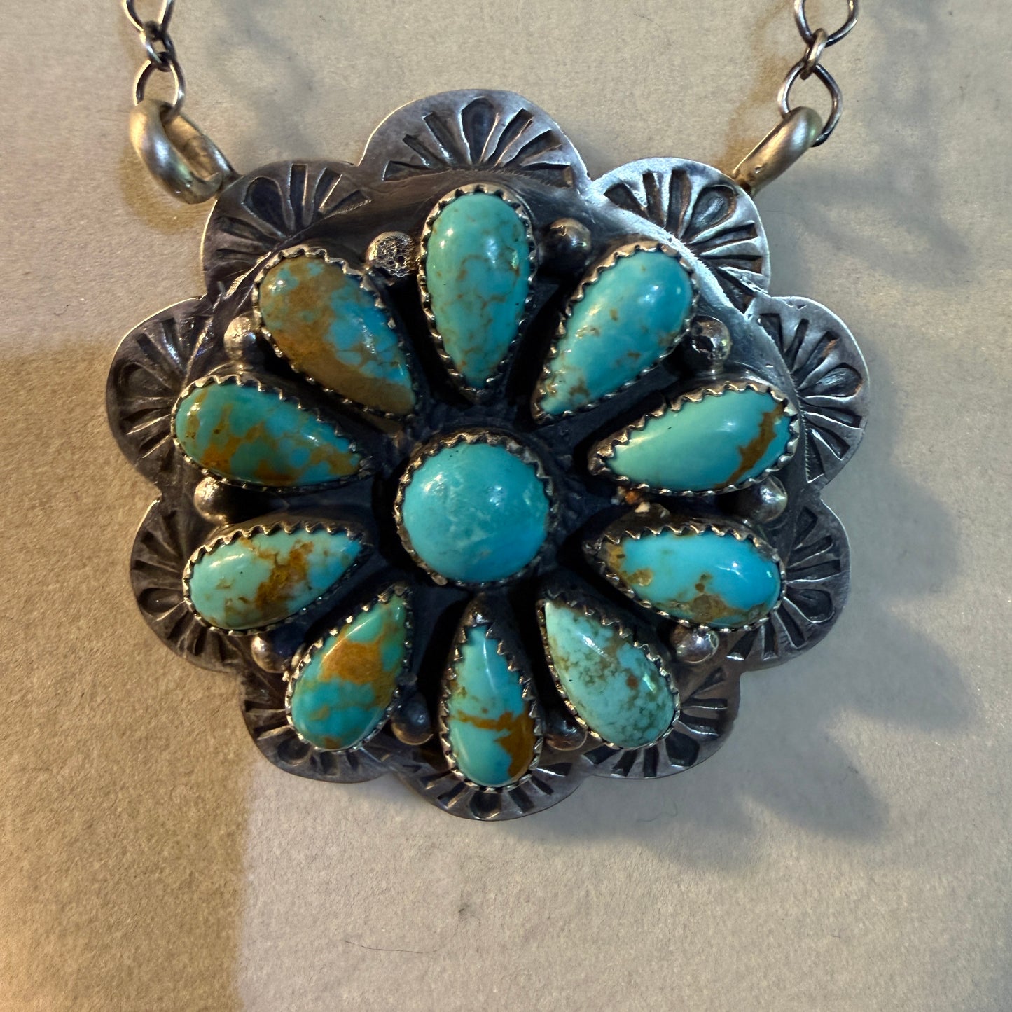 Sonoran Gold Turquoise Flower Cluster Pendant Sterling Silver 20Inch Necklace