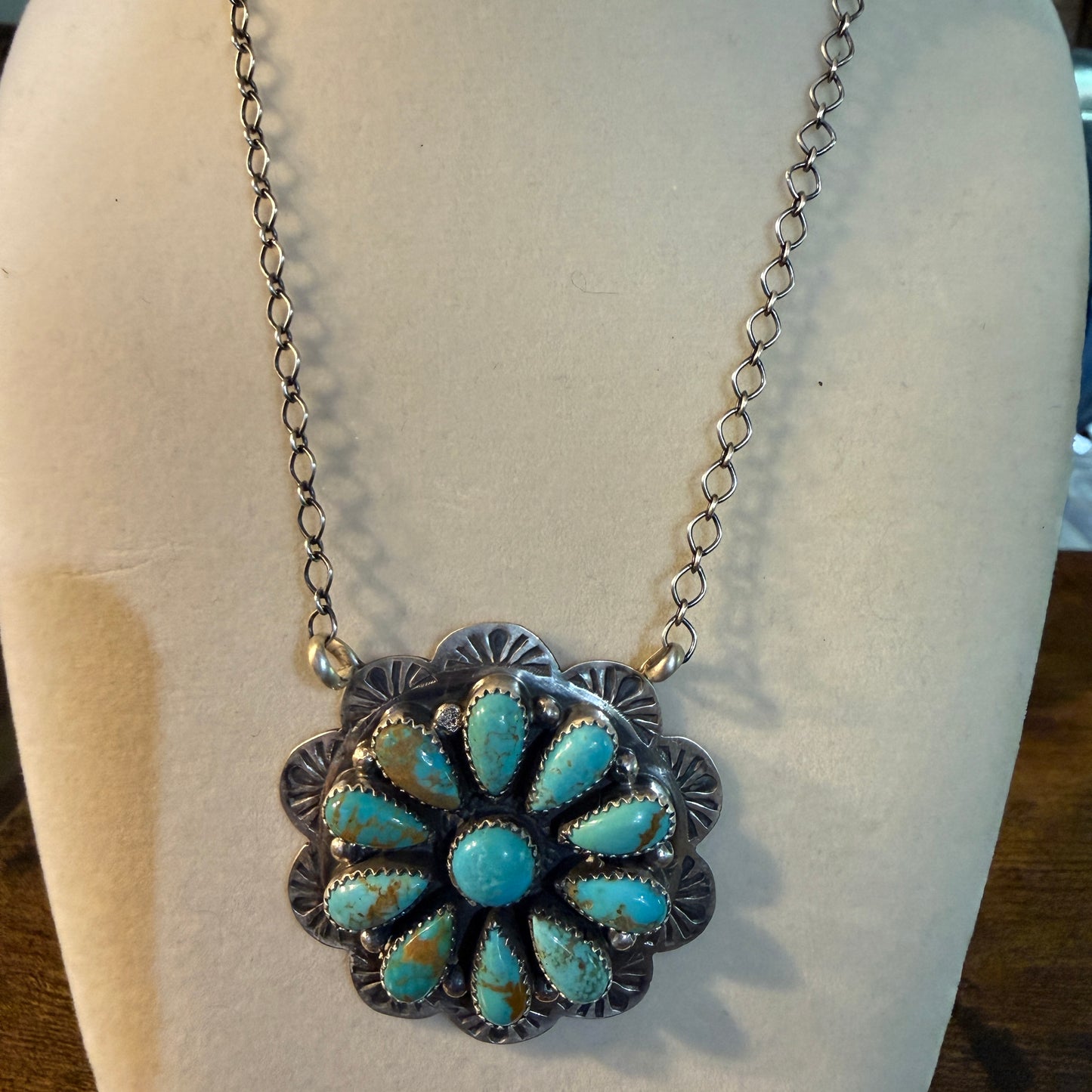 Sonoran Gold Turquoise Flower Cluster Pendant Sterling Silver 20Inch Necklace