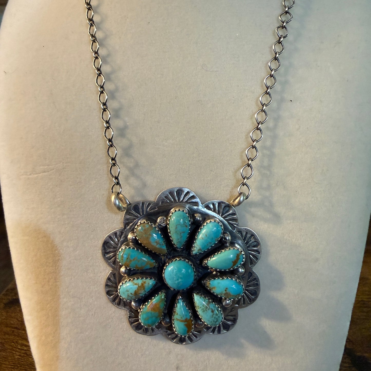 Sonoran Gold Turquoise Flower Cluster Pendant Sterling Silver 20Inch Necklace