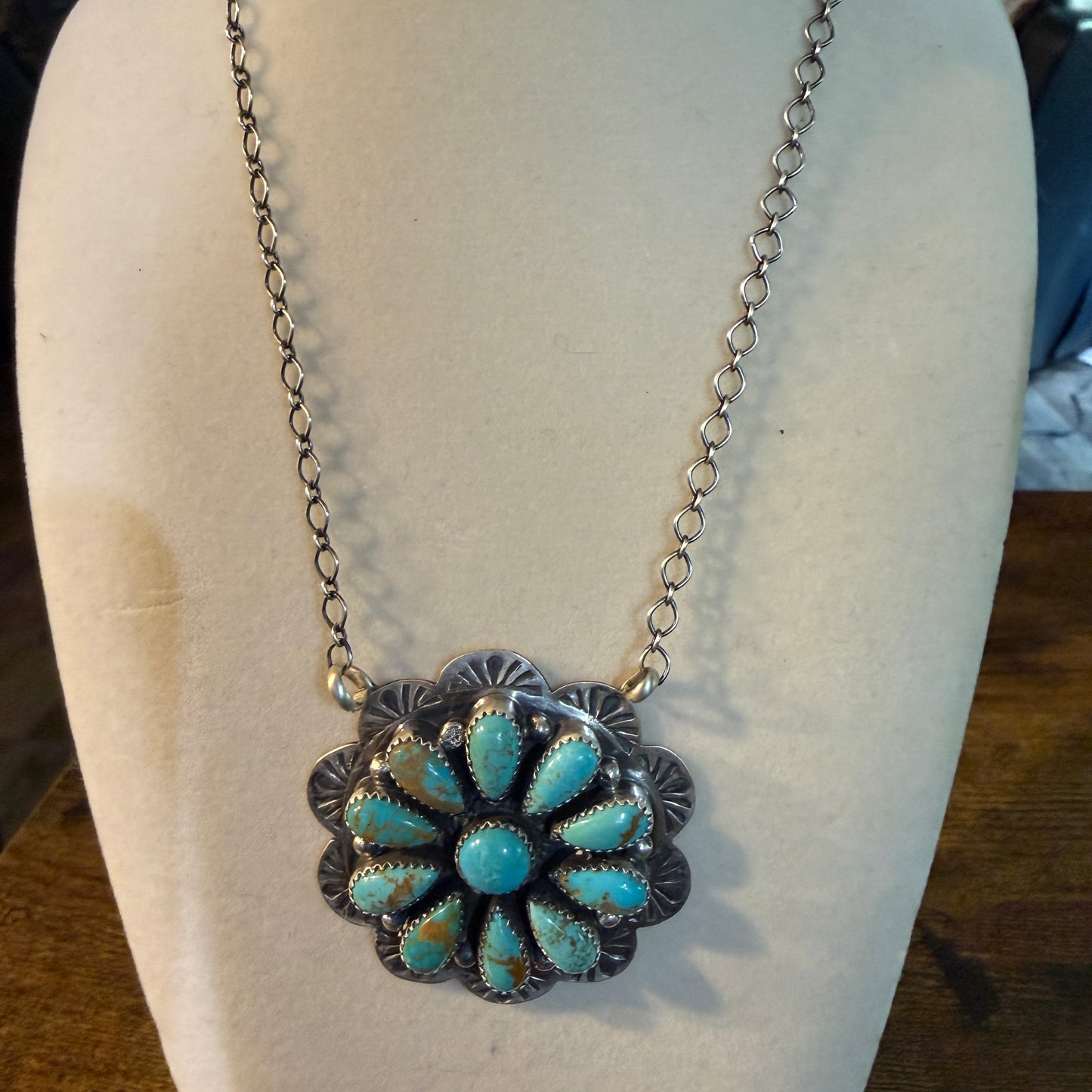 Sonoran Gold Turquoise Flower Cluster Pendant Sterling Silver 20Inch Necklace