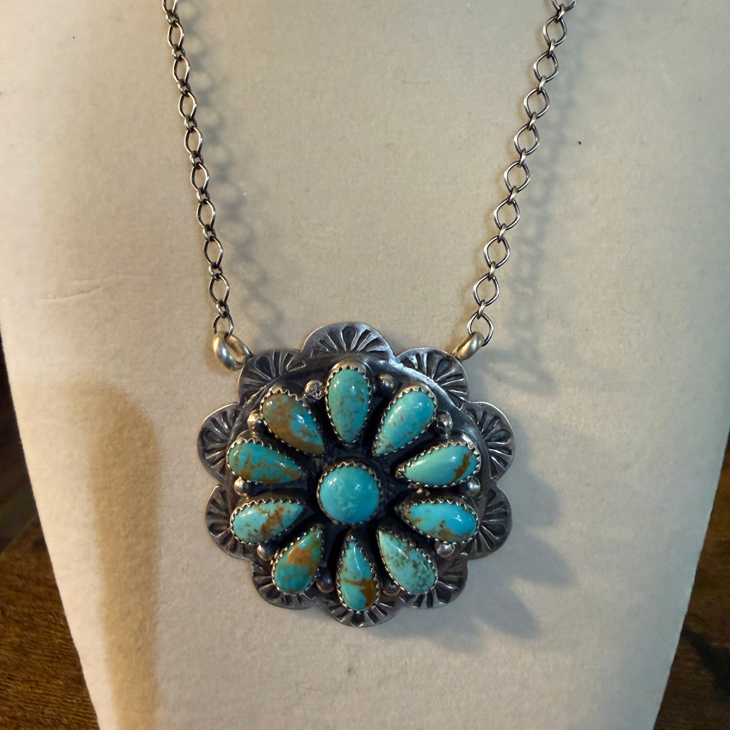 Sonoran Gold Turquoise Flower Cluster Pendant Sterling Silver 20Inch Necklace